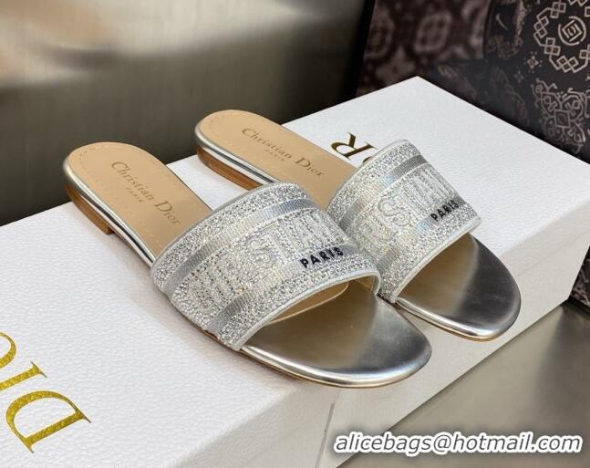 Durable Dior Dway Flat Sandals in Silver Cotton Embroidered with Metallic Thread and Crystal 606010