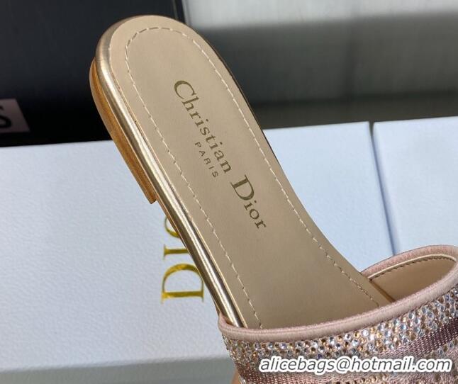 Luxury Dior Dway Flat Slide Sandals in Rose Des Vents Pink Cotton Embroidered with Metallic Thread and Crystal 606013