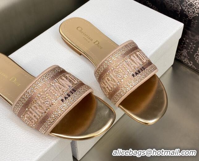 Luxury Dior Dway Flat Slide Sandals in Rose Des Vents Pink Cotton Embroidered with Metallic Thread and Crystal 606013