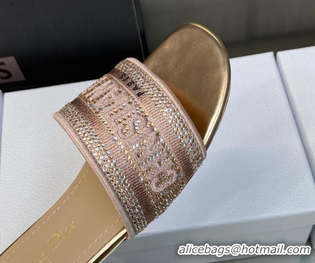 Luxury Dior Dway Flat Slide Sandals in Rose Des Vents Pink Cotton Embroidered with Metallic Thread and Crystal 606013