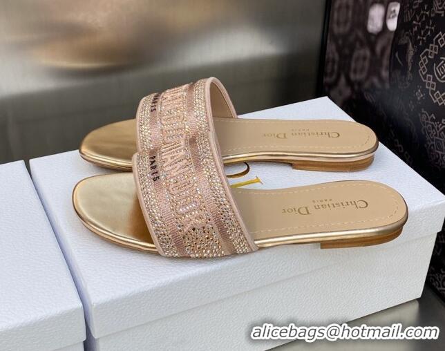 Luxury Dior Dway Flat Slide Sandals in Rose Des Vents Pink Cotton Embroidered with Metallic Thread and Crystal 606013