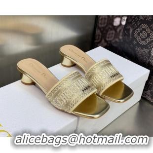 Stylish Dior Dway Heeled Slide Sandals 3.5cm in Gold-Tone Cotton Embroidered with Metallic Thread and Crystal 606014