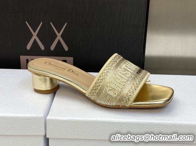 Stylish Dior Dway Heeled Slide Sandals 3.5cm in Gold-Tone Cotton Embroidered with Metallic Thread and Crystal 606014