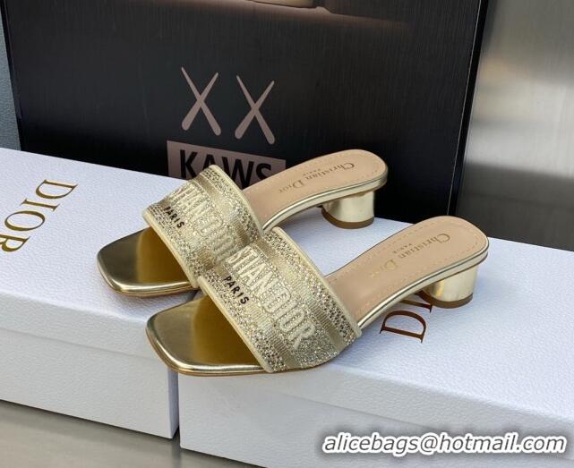 Stylish Dior Dway Heeled Slide Sandals 3.5cm in Gold-Tone Cotton Embroidered with Metallic Thread and Crystal 606014