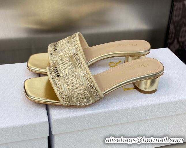 Stylish Dior Dway Heeled Slide Sandals 3.5cm in Gold-Tone Cotton Embroidered with Metallic Thread and Crystal 606014