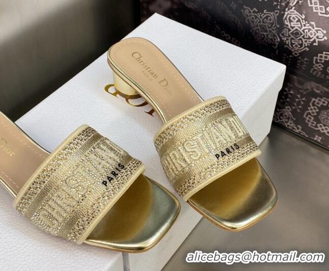 Stylish Dior Dway Heeled Slide Sandals 3.5cm in Gold-Tone Cotton Embroidered with Metallic Thread and Crystal 606014