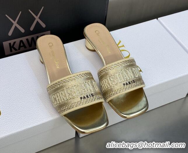 Stylish Dior Dway Heeled Slide Sandals 3.5cm in Gold-Tone Cotton Embroidered with Metallic Thread and Crystal 606014