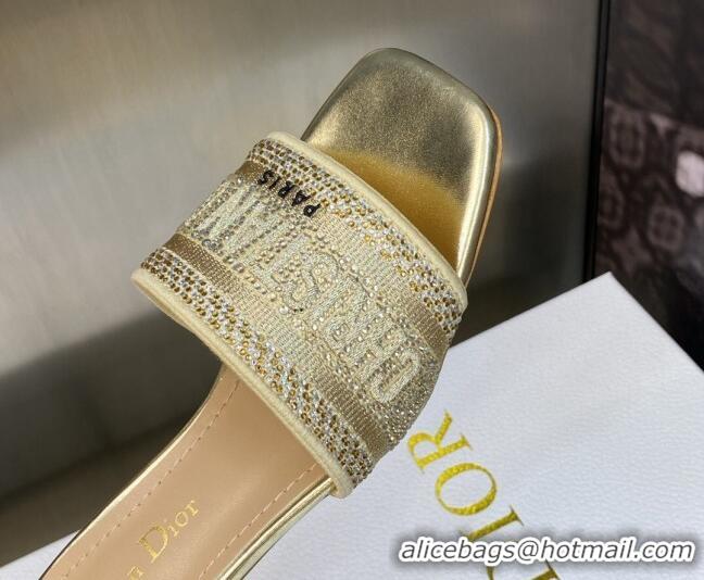 Stylish Dior Dway Heeled Slide Sandals 3.5cm in Gold-Tone Cotton Embroidered with Metallic Thread and Crystal 606014