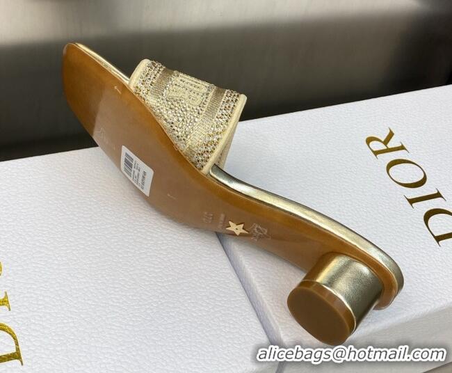 Stylish Dior Dway Heeled Slide Sandals 3.5cm in Gold-Tone Cotton Embroidered with Metallic Thread and Crystal 606014