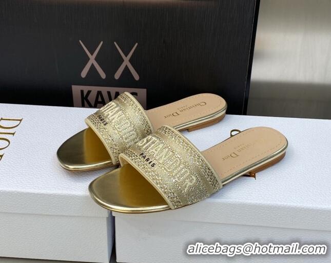 Comfortable Dior Dway Flat Slide Sandals in Gold-Tone Cotton Embroidered with Metallic Thread and Crystal 606015