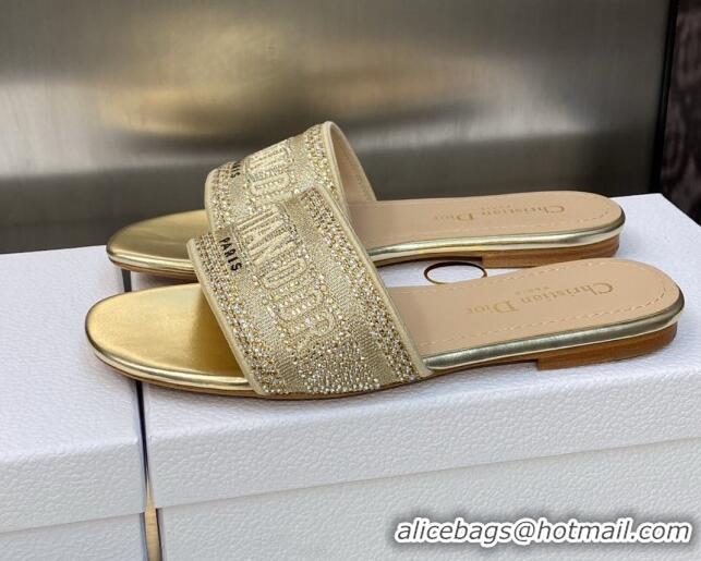 Comfortable Dior Dway Flat Slide Sandals in Gold-Tone Cotton Embroidered with Metallic Thread and Crystal 606015