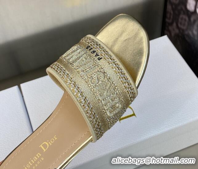 Comfortable Dior Dway Flat Slide Sandals in Gold-Tone Cotton Embroidered with Metallic Thread and Crystal 606015