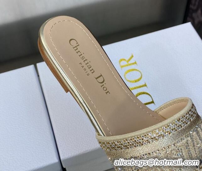 Comfortable Dior Dway Flat Slide Sandals in Gold-Tone Cotton Embroidered with Metallic Thread and Crystal 606015