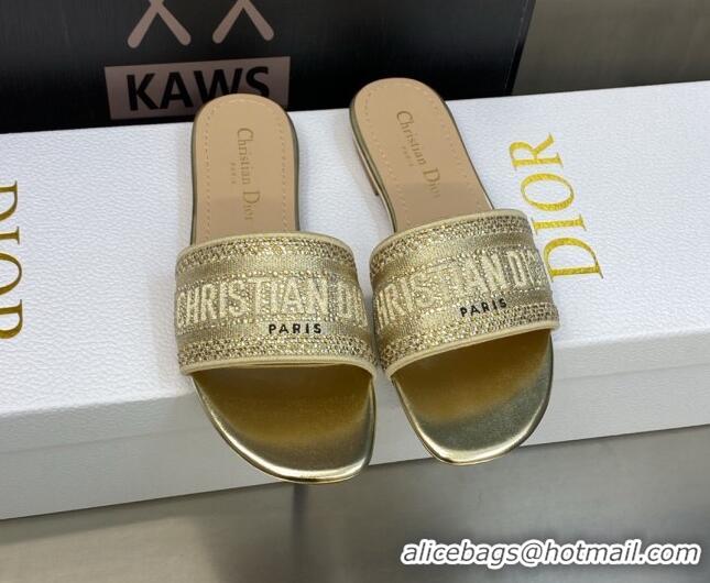 Comfortable Dior Dway Flat Slide Sandals in Gold-Tone Cotton Embroidered with Metallic Thread and Crystal 606015