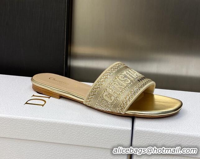 Comfortable Dior Dway Flat Slide Sandals in Gold-Tone Cotton Embroidered with Metallic Thread and Crystal 606015