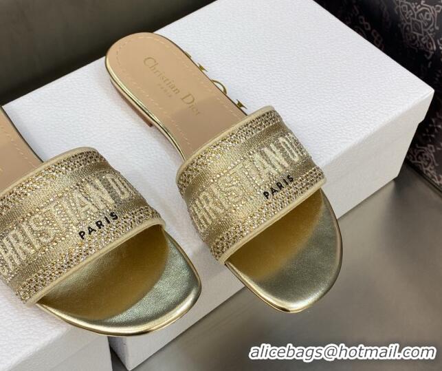 Comfortable Dior Dway Flat Slide Sandals in Gold-Tone Cotton Embroidered with Metallic Thread and Crystal 606015