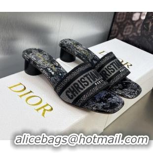 Sophisticated Dior Dway Heeled Slide Sandals 3.5cm in Black Embroidered Cotton with Silver-Tone Metallic Thread and Jard