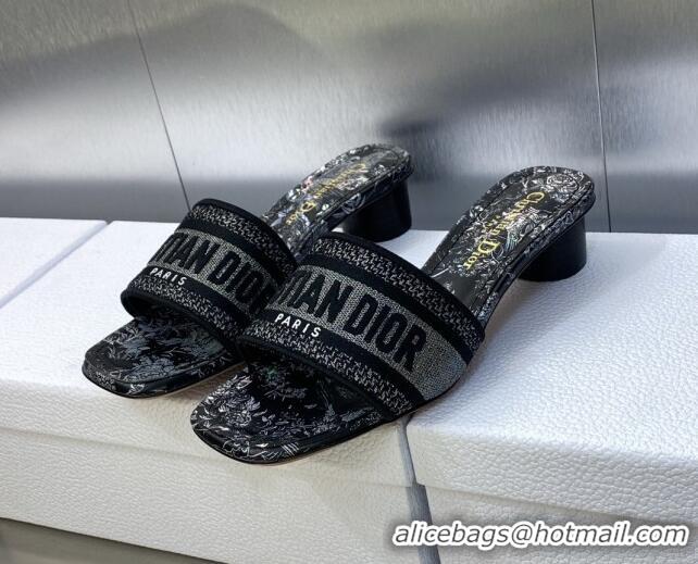 Sophisticated Dior Dway Heeled Slide Sandals 3.5cm in Black Embroidered Cotton with Silver-Tone Metallic Thread and Jard