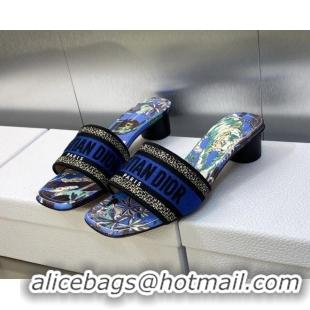 Discount Dior Dway Heeled Slide Sandals 3.5cm in Cobalt Blue Embroidered Cotton with Toile de Jouy Voyage Motif 606018