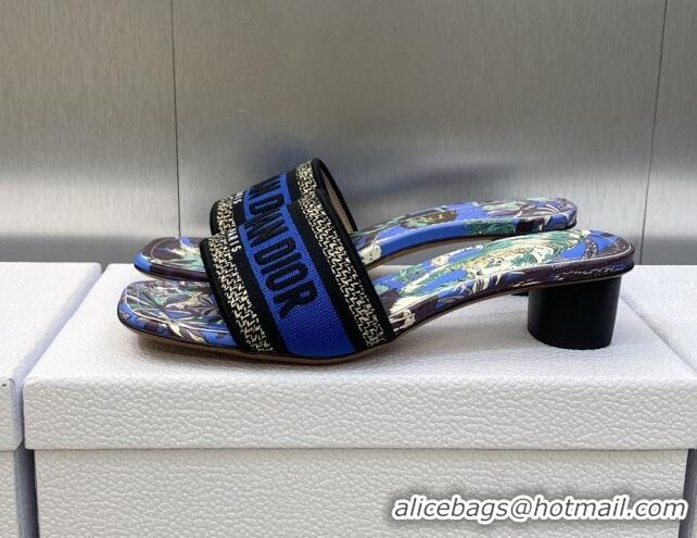 Discount Dior Dway Heeled Slide Sandals 3.5cm in Cobalt Blue Embroidered Cotton with Toile de Jouy Voyage Motif 606018