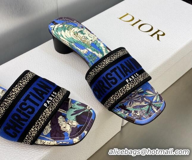 Discount Dior Dway Heeled Slide Sandals 3.5cm in Cobalt Blue Embroidered Cotton with Toile de Jouy Voyage Motif 606018