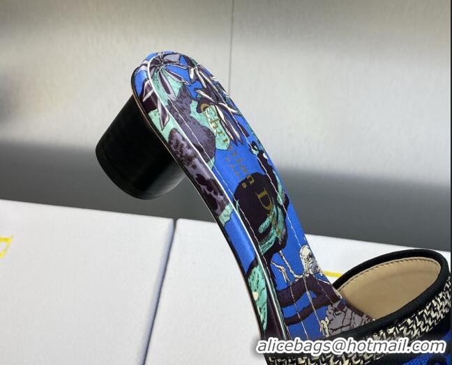 Discount Dior Dway Heeled Slide Sandals 3.5cm in Cobalt Blue Embroidered Cotton with Toile de Jouy Voyage Motif 606018