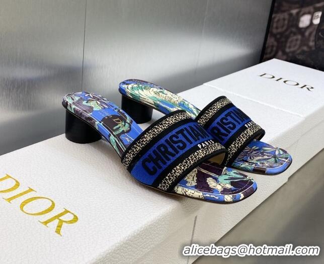 Discount Dior Dway Heeled Slide Sandals 3.5cm in Cobalt Blue Embroidered Cotton with Toile de Jouy Voyage Motif 606018