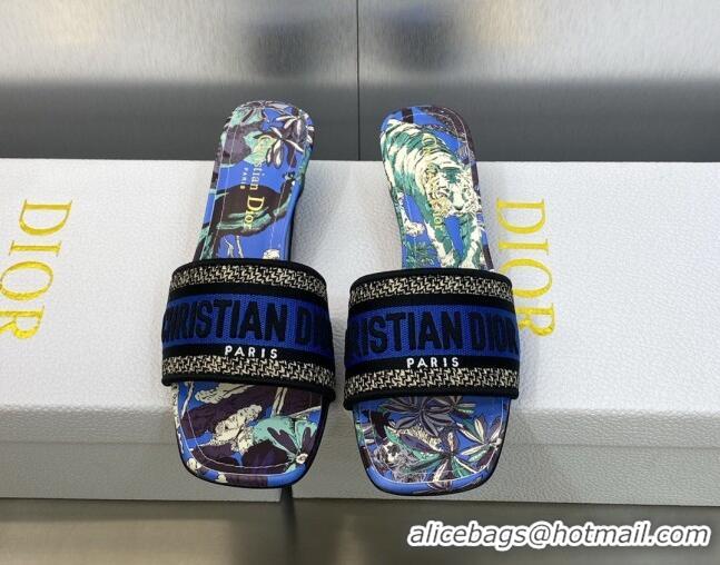 Discount Dior Dway Heeled Slide Sandals 3.5cm in Cobalt Blue Embroidered Cotton with Toile de Jouy Voyage Motif 606018