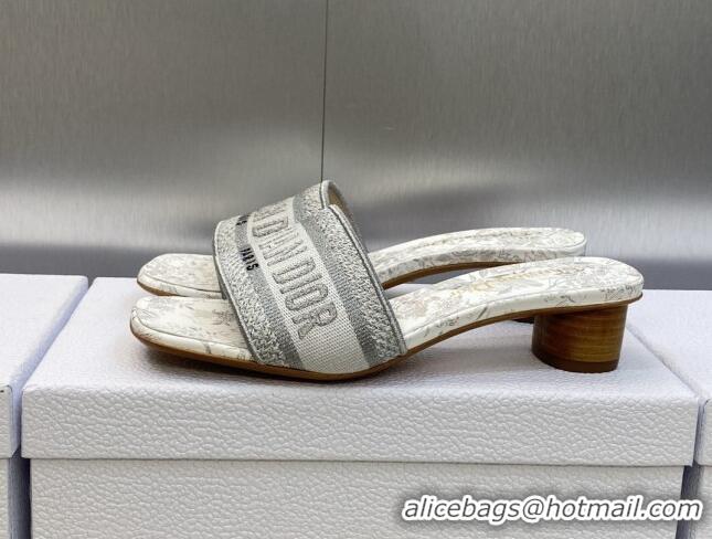 Top Design Dior Dway Heeled Slide Sandals 3.5cm in Silver-Tone Embroidered Cotton with Metallic Thread and Jardin d'Hive