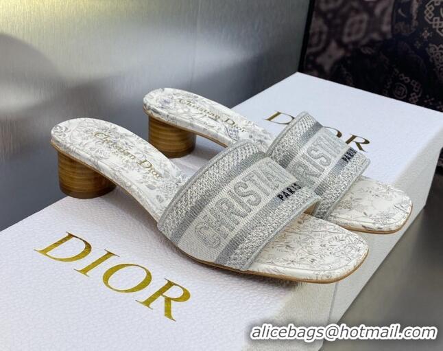 Top Design Dior Dway Heeled Slide Sandals 3.5cm in Silver-Tone Embroidered Cotton with Metallic Thread and Jardin d'Hive