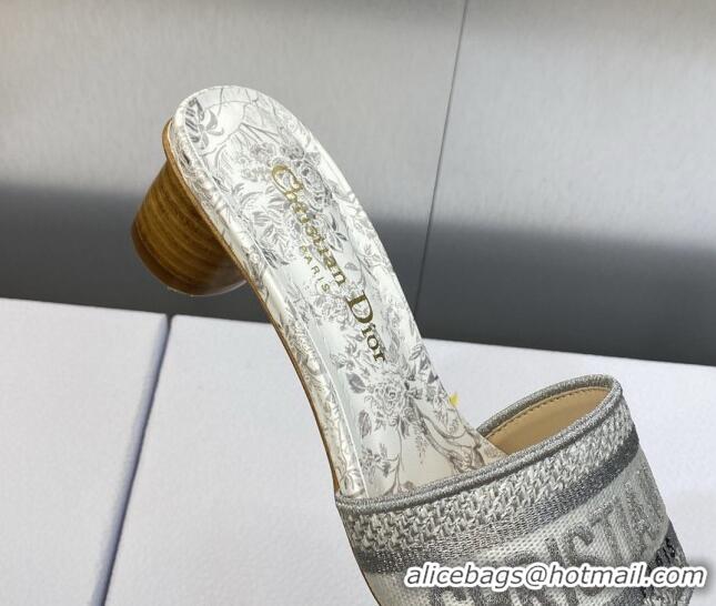 Top Design Dior Dway Heeled Slide Sandals 3.5cm in Silver-Tone Embroidered Cotton with Metallic Thread and Jardin d'Hive