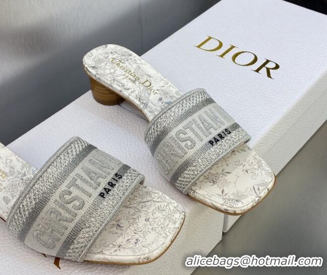 Top Design Dior Dway Heeled Slide Sandals 3.5cm in Silver-Tone Embroidered Cotton with Metallic Thread and Jardin d'Hive