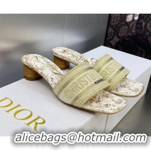 Cheap Price Dior Dway Heeled Slide Sandals 3.5cm in Gold-Tone Embroidered Cotton with Metallic Thread and Jardin d'Hiver