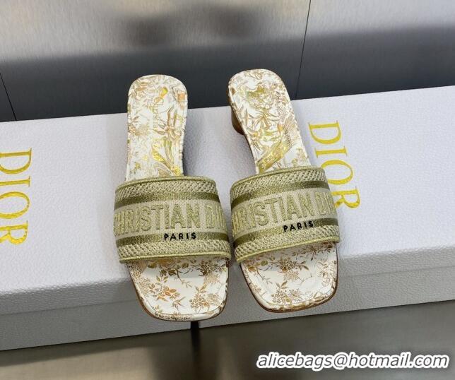 Cheap Price Dior Dway Heeled Slide Sandals 3.5cm in Gold-Tone Embroidered Cotton with Metallic Thread and Jardin d'Hiver