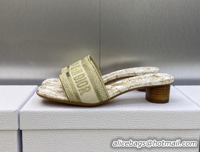 Cheap Price Dior Dway Heeled Slide Sandals 3.5cm in Gold-Tone Embroidered Cotton with Metallic Thread and Jardin d'Hiver