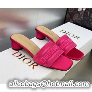 Luxury Cheap Dior Dway Heeled Slide Sandals 3.5cm in Rani Pink Embroidered Satin and Cotton 606022