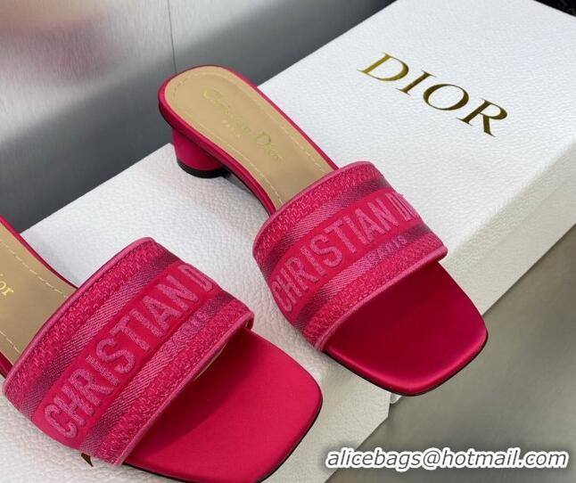 Luxury Cheap Dior Dway Heeled Slide Sandals 3.5cm in Rani Pink Embroidered Satin and Cotton 606022