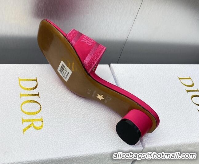 Luxury Cheap Dior Dway Heeled Slide Sandals 3.5cm in Rani Pink Embroidered Satin and Cotton 606022