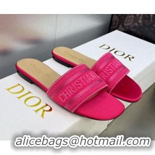 Luxury Dior Dway Flat Slide Sandals in Rani Pink Embroidered Satin and Cotton 606023