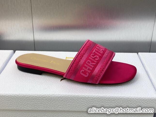 Luxury Dior Dway Flat Slide Sandals in Rani Pink Embroidered Satin and Cotton 606023