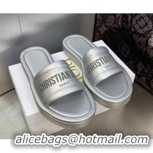 Feminine Dior Every-D Platform Slide Sandals 3cm in Silver Embossed Lambskin 606026