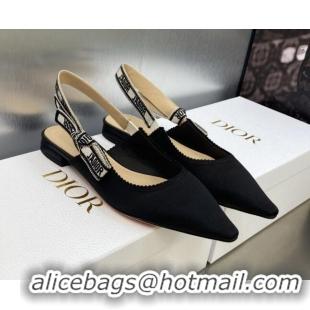 Top Grade Dior J'Adior Slingback Ballerina Flat in Black Embroidered Satin and Cotton 606034