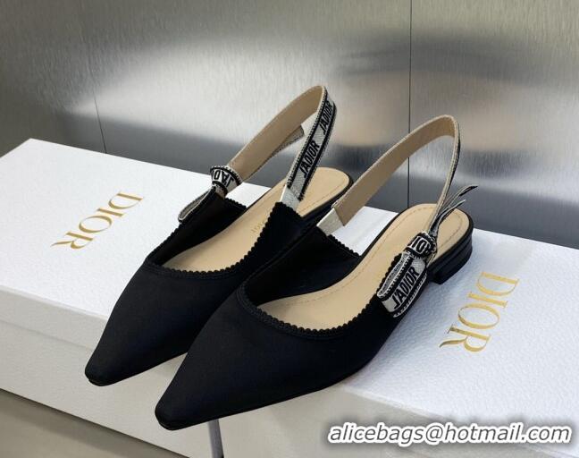 Top Grade Dior J'Adior Slingback Ballerina Flat in Black Embroidered Satin and Cotton 606034