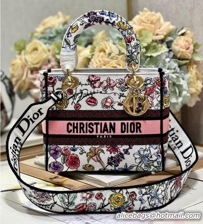 Grade Design MEDIUM DIOR LADY D-LITE BAG White Multicolor Florilegio Embroidery M0565