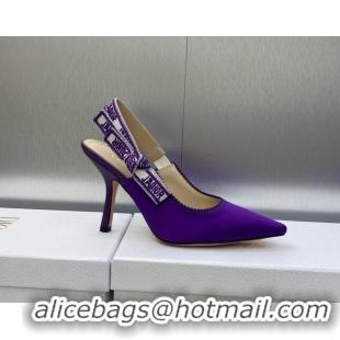 Luxury Dior J'Adior Slingback Pumps 9.5cm in Purple Embroidered Satin and Cotton 606038