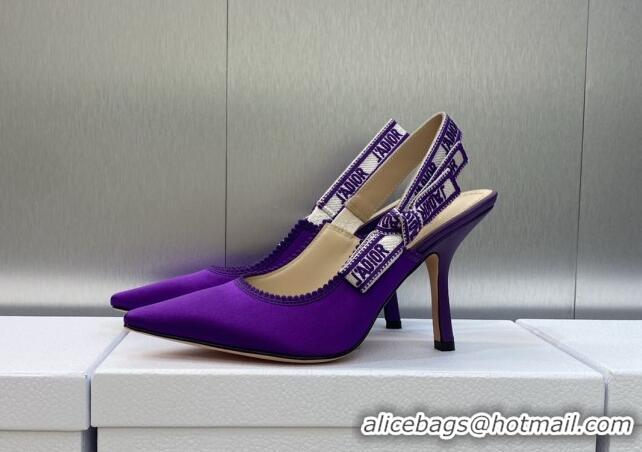 Luxury Dior J'Adior Slingback Pumps 9.5cm in Purple Embroidered Satin and Cotton 606038