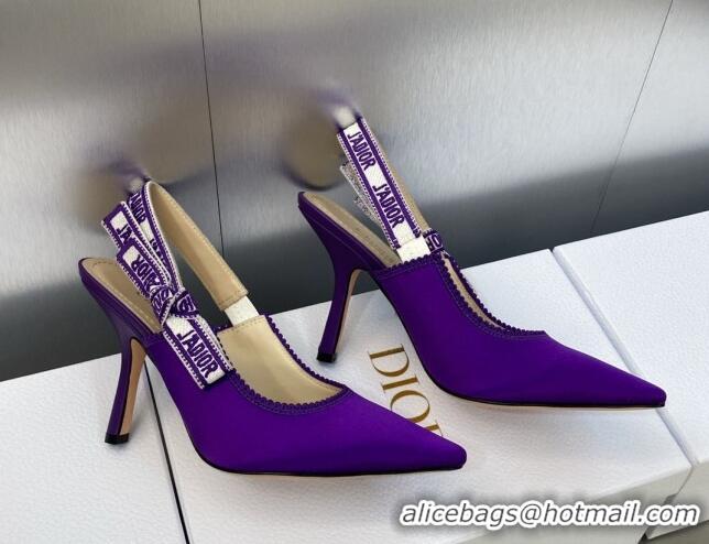 Luxury Dior J'Adior Slingback Pumps 9.5cm in Purple Embroidered Satin and Cotton 606038