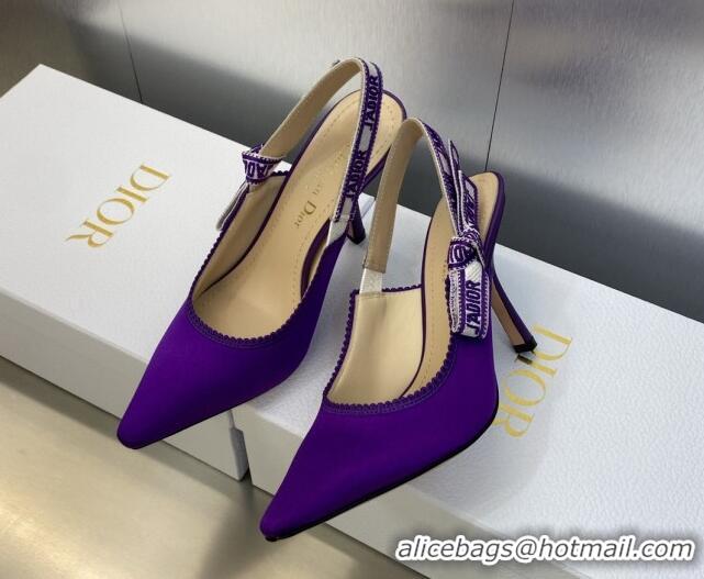 Luxury Dior J'Adior Slingback Pumps 9.5cm in Purple Embroidered Satin and Cotton 606038