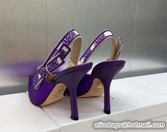 Luxury Dior J'Adior Slingback Pumps 9.5cm in Purple Embroidered Satin and Cotton 606038