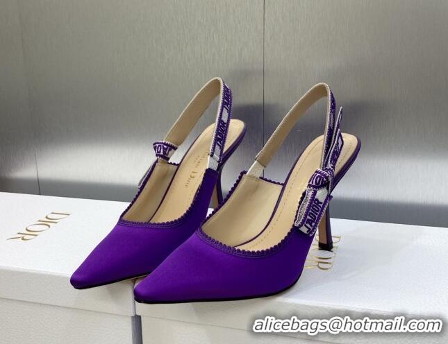 Luxury Dior J'Adior Slingback Pumps 9.5cm in Purple Embroidered Satin and Cotton 606038